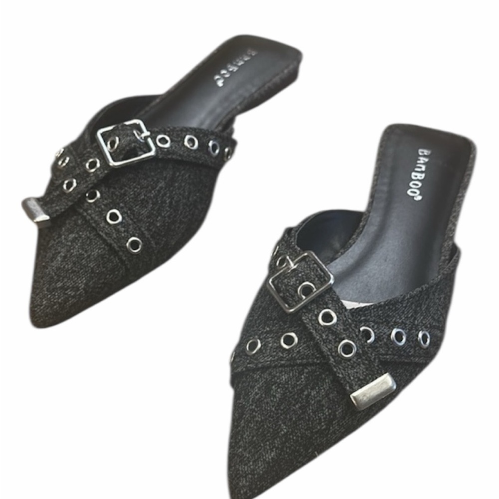 Bamboo Buckle Mule Size 6 Black Denim Slip On Flats Pointed Toe New With Box - Picture 4 of 11